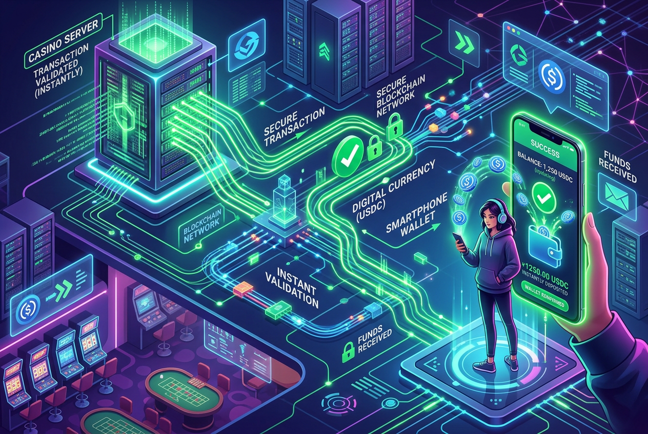 Infografika przedstawiająca automatyczny proces zatwierdzania wypłat w kasynie online
