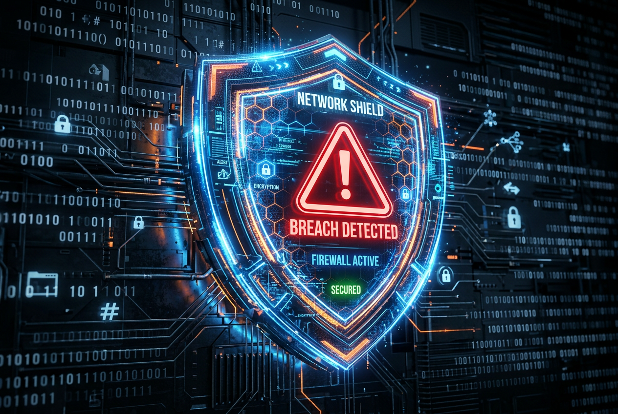 Abstrakcyjna grafika przedstawiająca cyfrową tarczę bezpieczeństwa z czerwonym znakiem ostrzegawczym na tle kodu binarnego