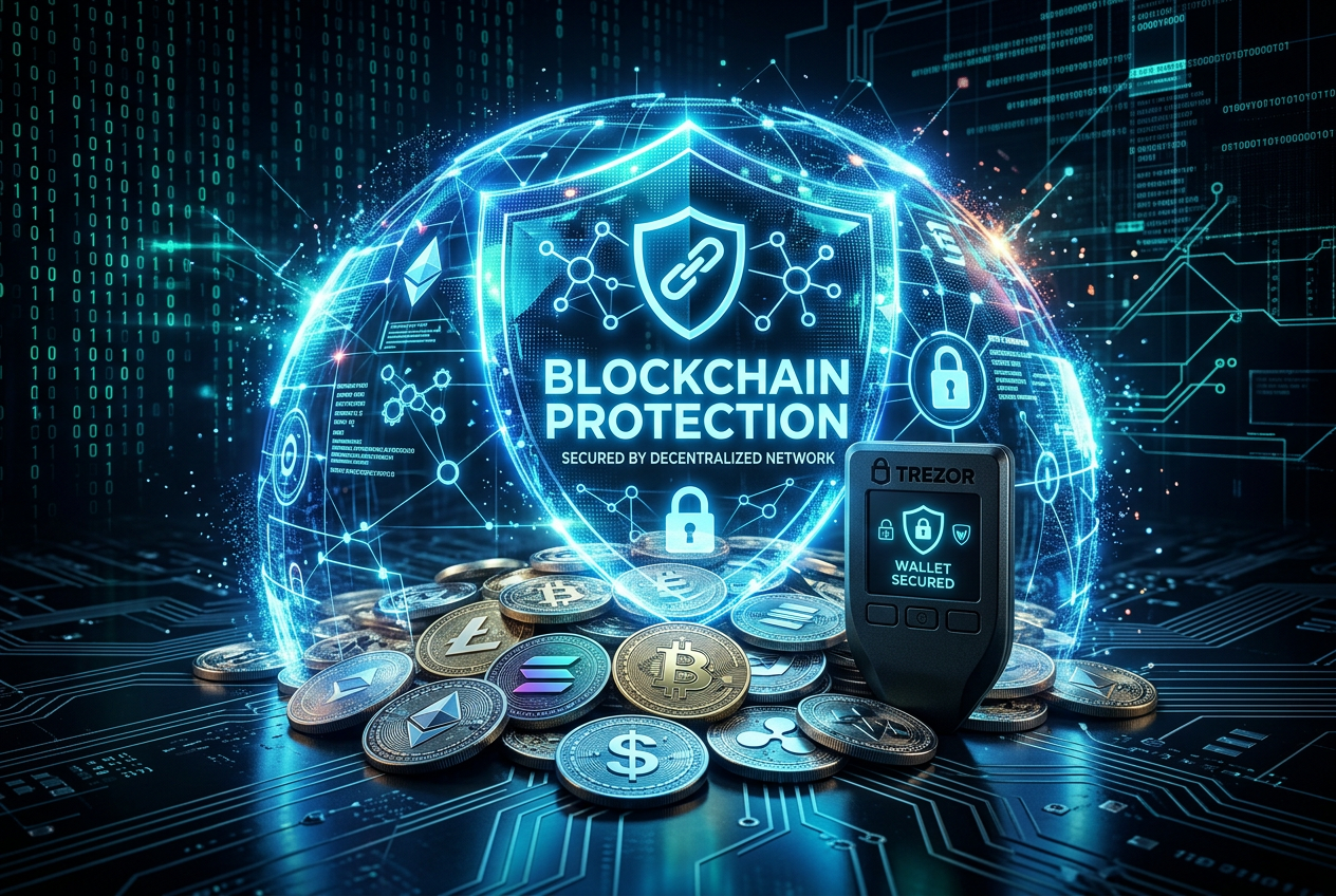 Cyberbezpieczeństwo w krypto kasynach: tarcza ochronna z logiem bitcoina na tle kodu binarnego.