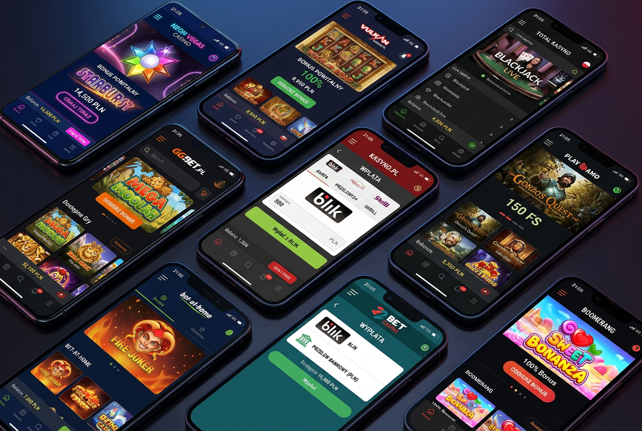 Zestawienie interfejsów różnych aplikacji kasynowych na ekranach smartfonów z widocznymi ikonami PLN i BLIK
