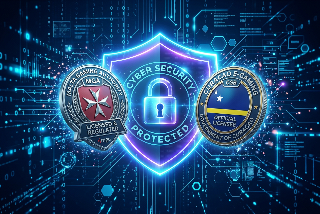 Logotypy organów nadzorczych MGA i Curacao eGaming na tle tarczy bezpieczeństwa