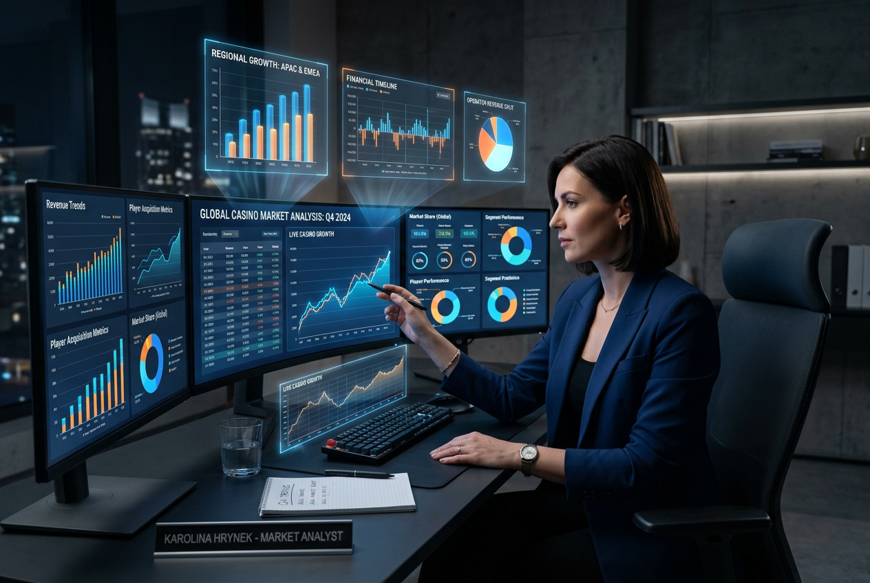 Specjalistka Karolina Hrynek analizująca rynek kasyn online na nowoczesnych monitorach