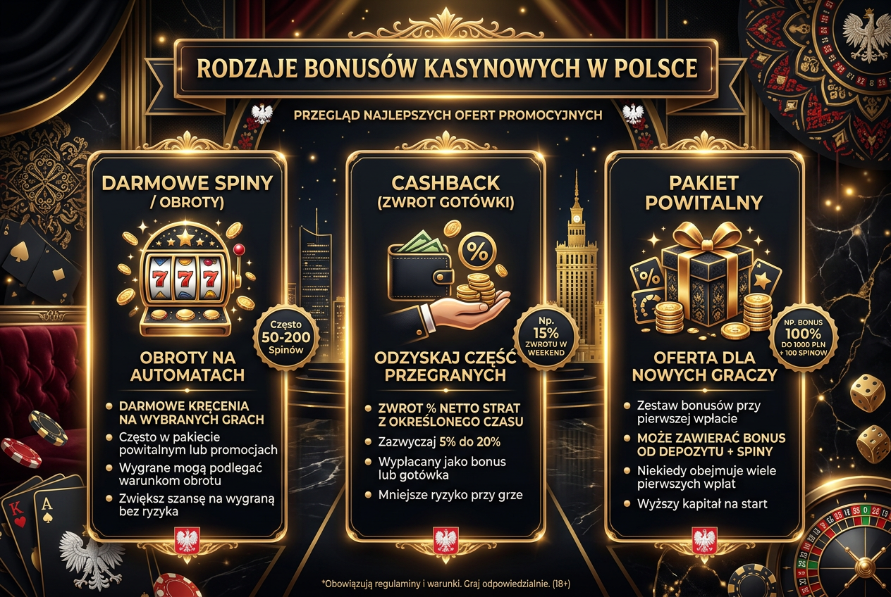 Infografika przedstawiająca bonusy w kasynie online