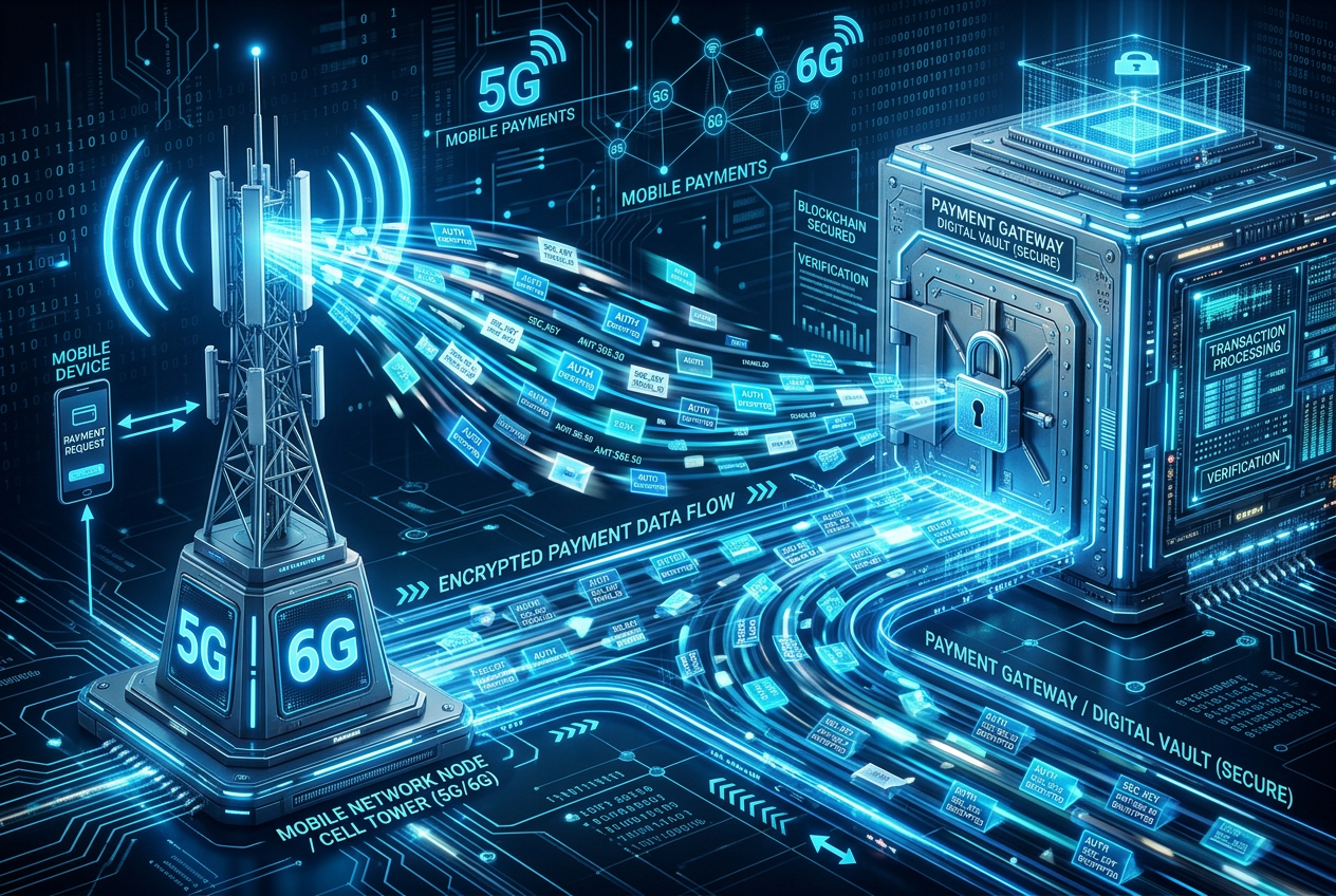 Abstrakcyjna wizualizacja cyfrowej bramki płatniczej łączącej sieć komórkową z systemem bankowym