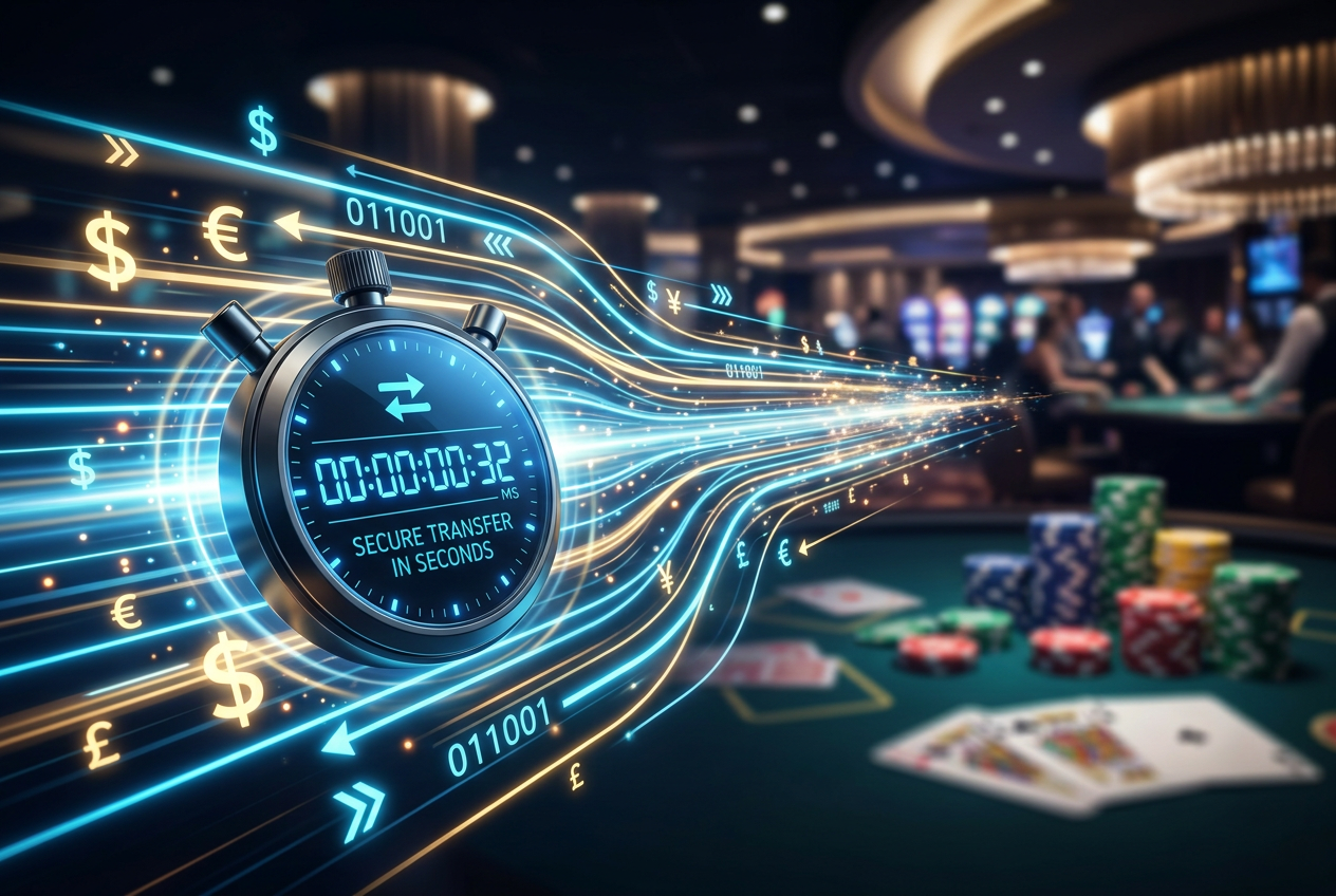 Szybkość transakcji w kasynie online, stylizowany stoper i świetliste pasma danych