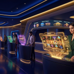 Futurystyczna sala kasyna z holograficznymi automatami do gry