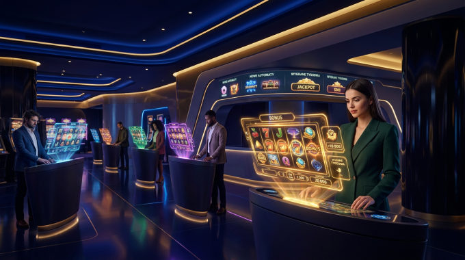 Futurystyczna sala kasyna z holograficznymi automatami do gry