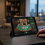 Luksusowe wnętrze kasyna online z grami na prawdziwe pieniądze i złotymi symbolami waluty