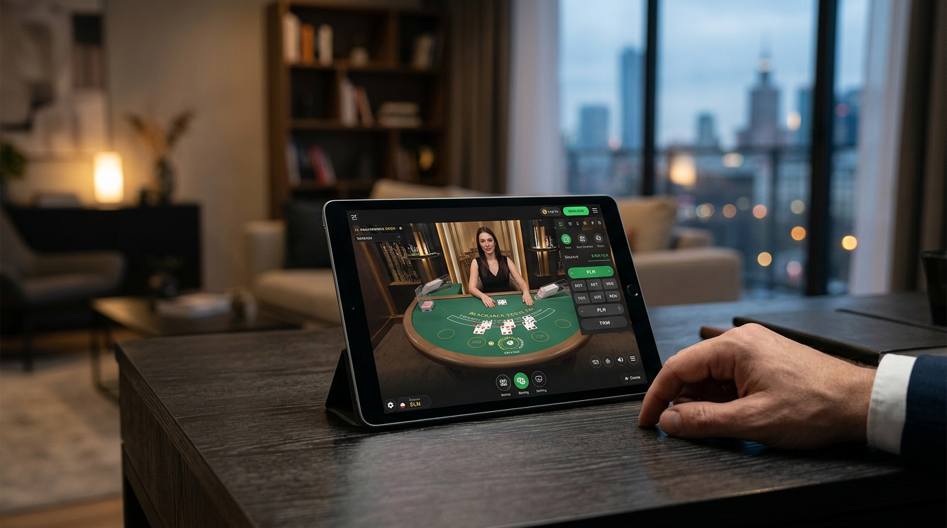 Luksusowe wnętrze kasyna online z grami na prawdziwe pieniądze i złotymi symbolami waluty