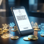 Ilustracja przedstawiająca smartfon z ikoną wiadomości SMS i złotymi monetami symbolizującymi depozyt w kasynie