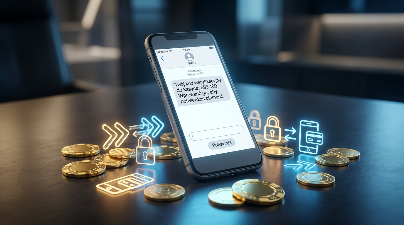 Ilustracja przedstawiająca smartfon z ikoną wiadomości SMS i złotymi monetami symbolizującymi depozyt w kasynie
