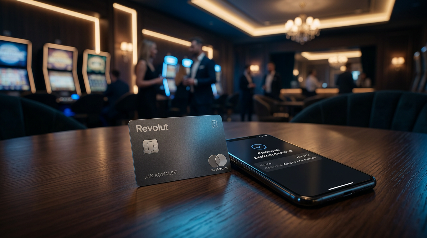 Karta Revolut i smartfon z potwierdzeniem płatności w kasynie online