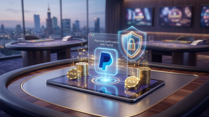 Interfejs kasyna online z logo PayPal i elementami bezpieczeństwa cyfrowego.
