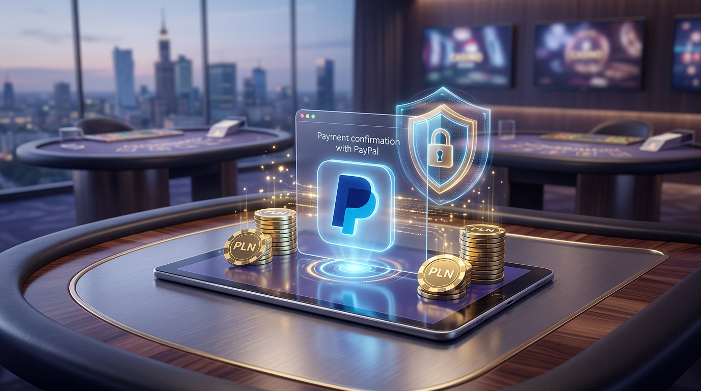 Interfejs kasyna online z logo PayPal i elementami bezpieczeństwa cyfrowego.