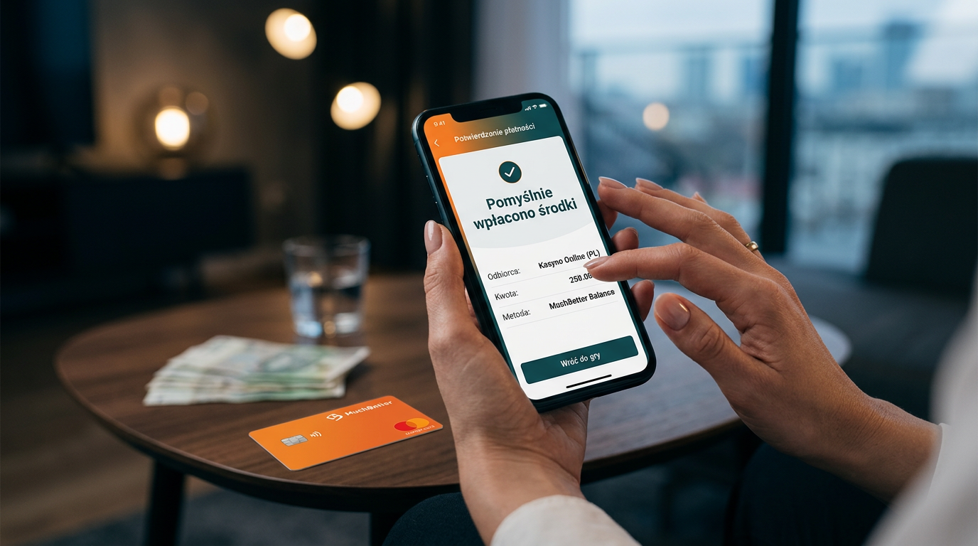 Karta MuchBetter i smartfon z potwierdzeniem płatności w kasynie online