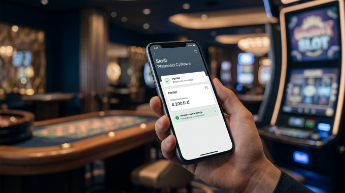 Profesjonalna wizualizacja cyfrowych płatności w kasynie online, smartfon z logotypem e-portfela na tle nowoczesnej architektury finansowej