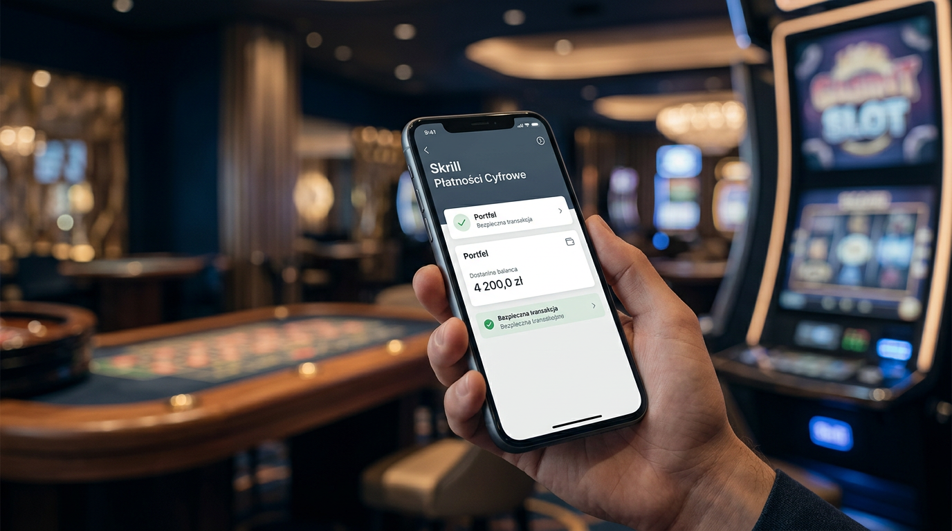 Profesjonalna wizualizacja cyfrowych płatności w kasynie online, smartfon z logotypem e-portfela na tle nowoczesnej architektury finansowej