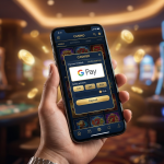 Smartfon z aplikacją kasyna online i logo płatności Google Pay na luksusowym tle.