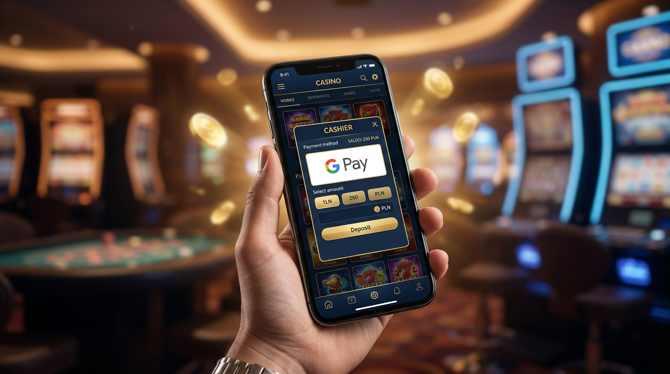Smartfon z aplikacją kasyna online i logo płatności Google Pay na luksusowym tle.