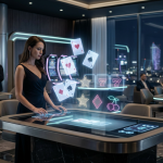 Luksusowe wnętrze nowoczesnego kasyna online z elementami cyfrowymi i neonami, rok 2026