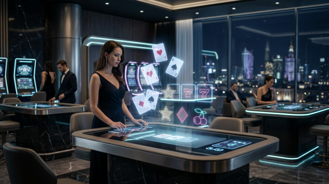 Luksusowe wnętrze nowoczesnego kasyna online z elementami cyfrowymi i neonami, rok 2026
