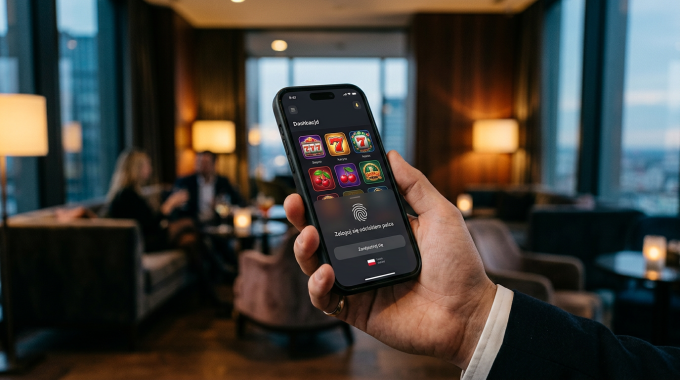 Nowoczesna aplikacja kasynowa na smartfonie z widocznym zabezpieczeniem biometrycznym