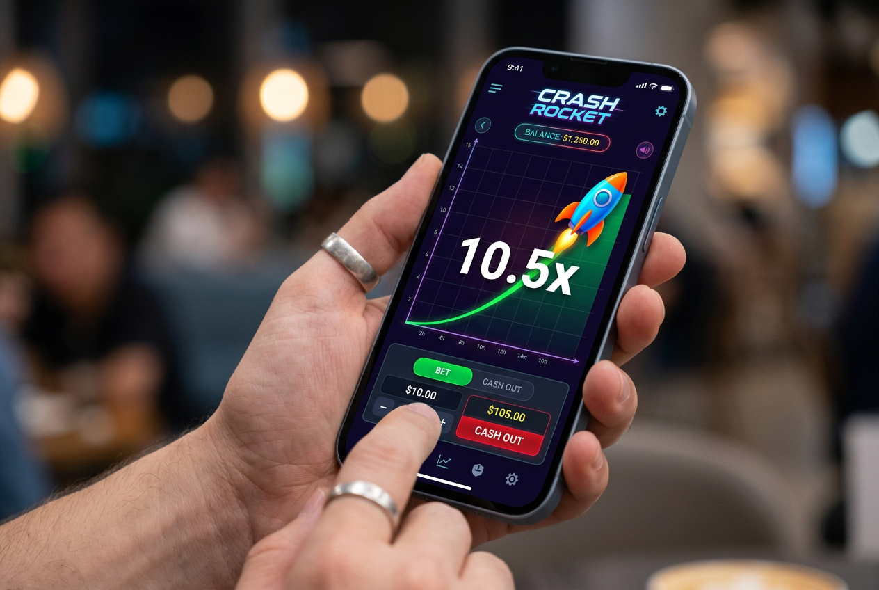 Smartfon z uruchomioną grą typu Crash, pokazujący rosnący mnożnik i przycisk wypłaty