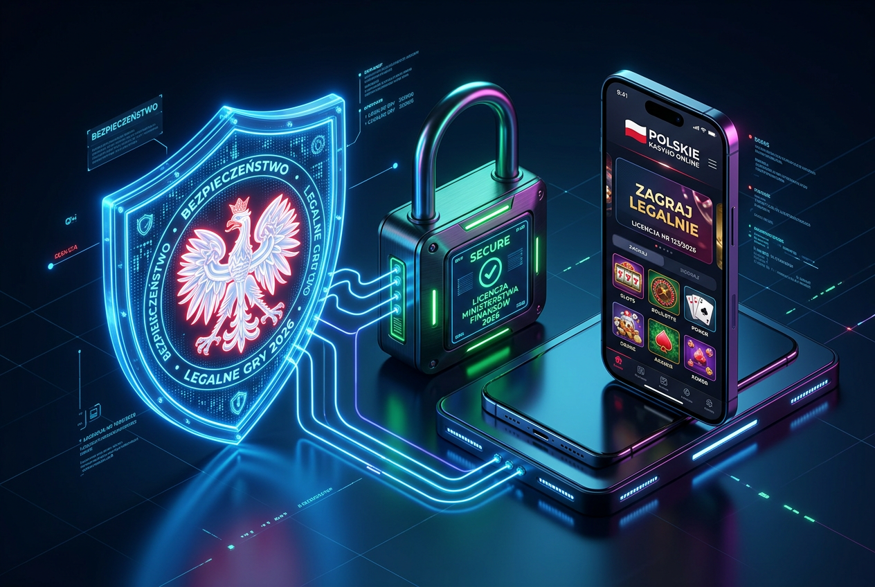 Grafika koncepcyjna przedstawiająca legalność i bezpieczeństwo kasyn online z polskimi akcentami