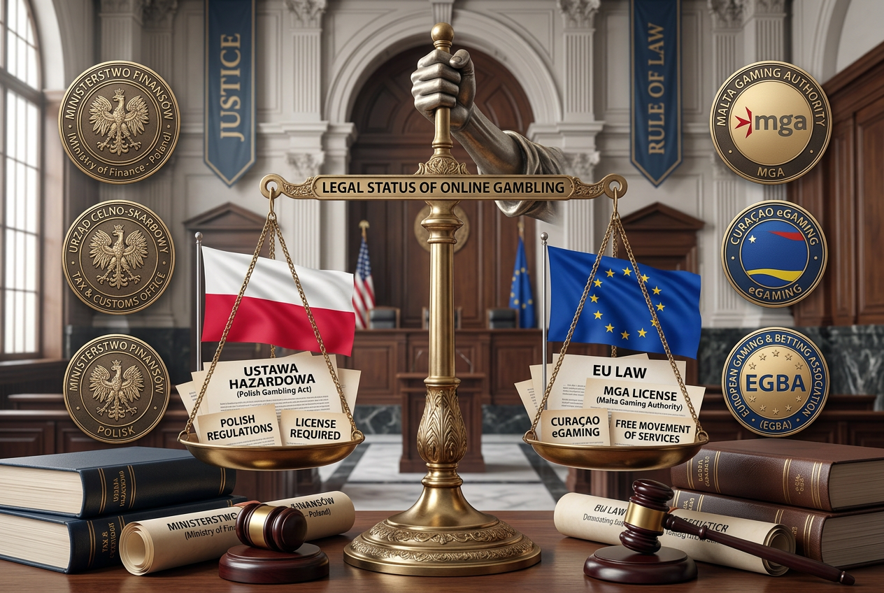 Koncepcyjna ilustracja przedstawiająca aspekty prawne hazardu w Polsce i UE