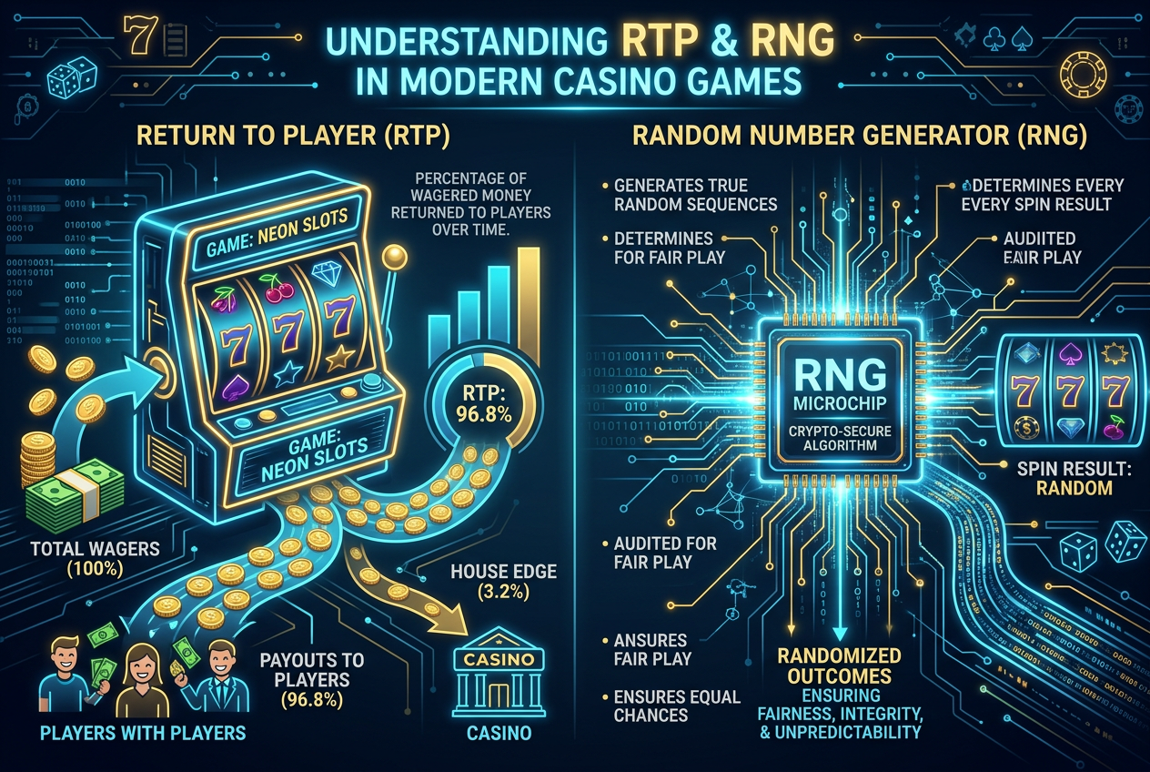 Infografika przedstawiająca koncepcję RTP oraz cyfrowy procesor generatora liczb losowych RNG w barwach neonowego błękitu i złota