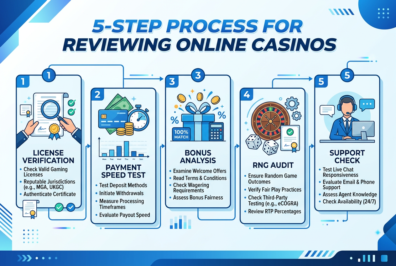 Infografika przedstawiająca metodologię testowania kasyn online w 5 krokach