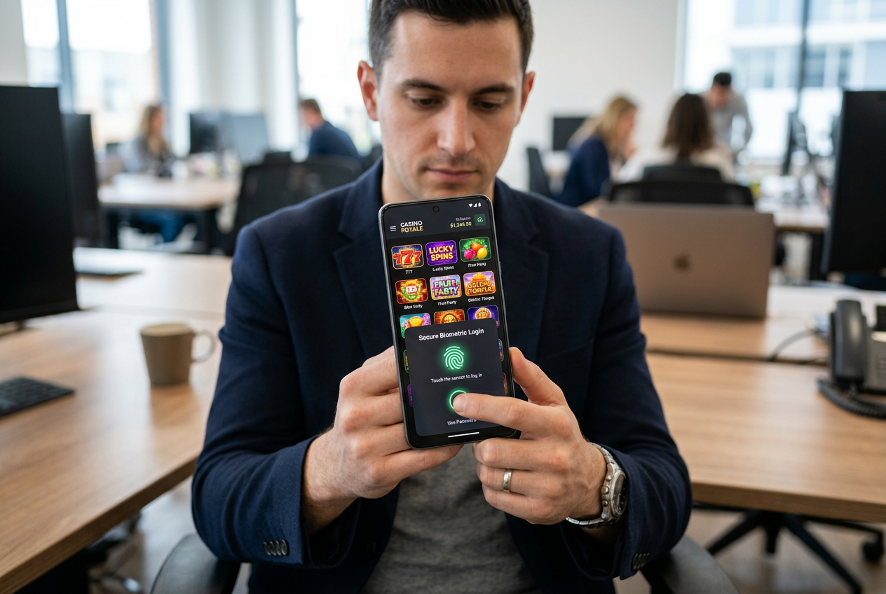 Osoba testująca aplikację kasynową na nowoczesnym smartfonie z widocznym interfejsem gier