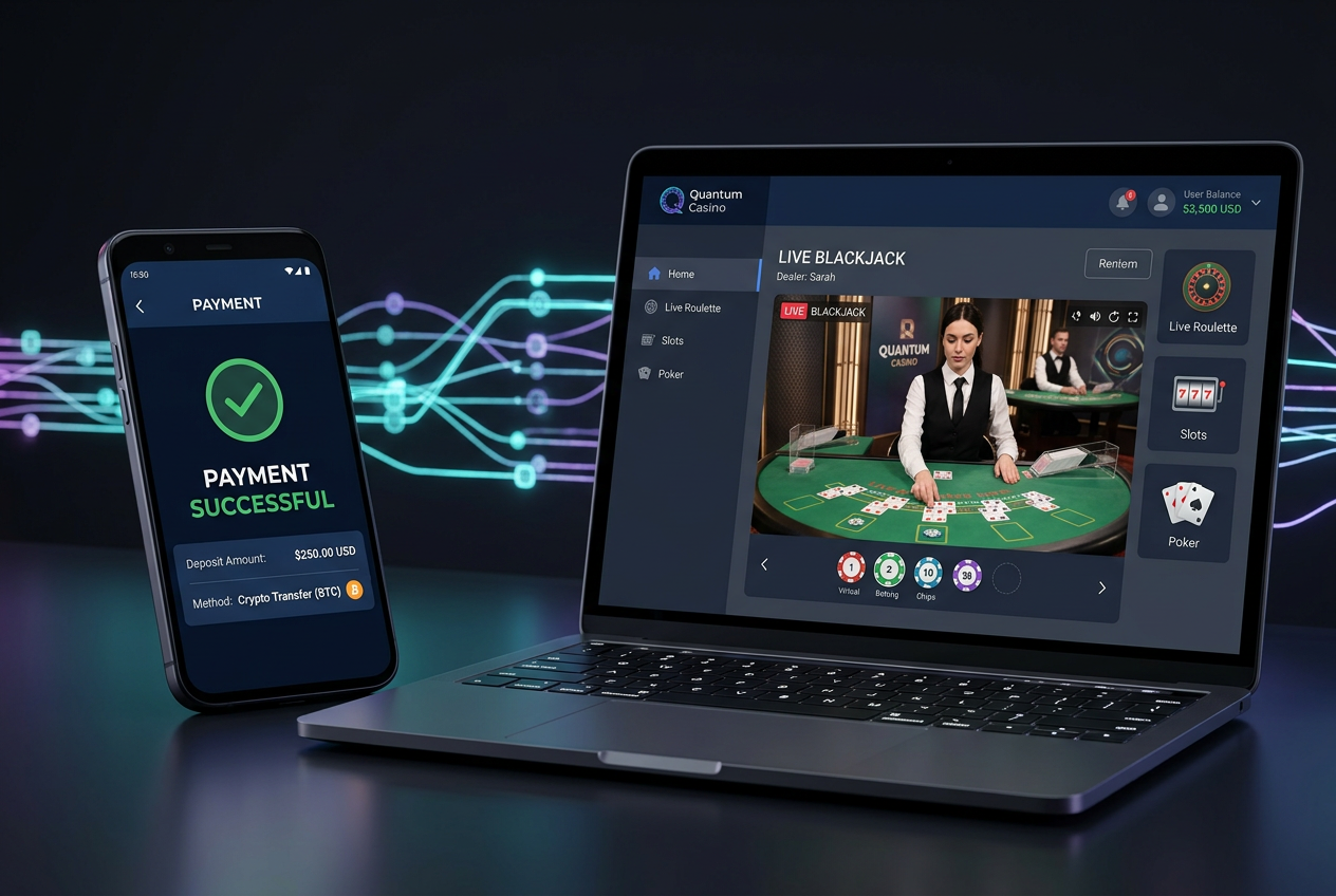 Nowoczesny interfejs zagranicznego kasyna online z widokiem na gry na żywo i systemy płatności