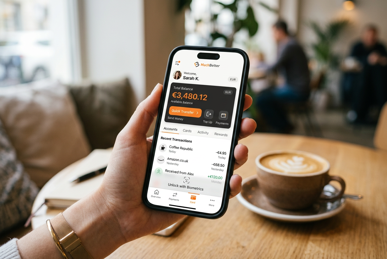 Interfejs aplikacji mobilnej MuchBetter na smartfonie z logo portfela