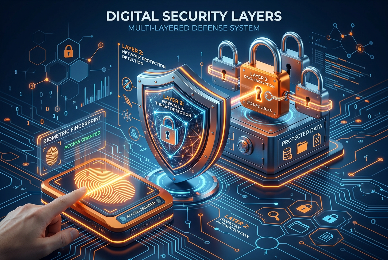 Ilustracja bezpieczeństwa finansowego z ikonami biometrii i tarczy