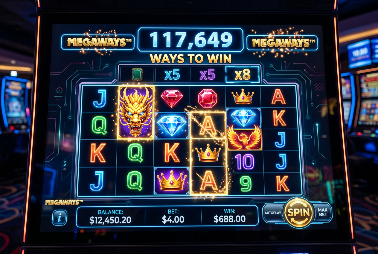 Nowoczesny interfejs automatu typu Megaways z dynamicznymi liniami wygrywającymi