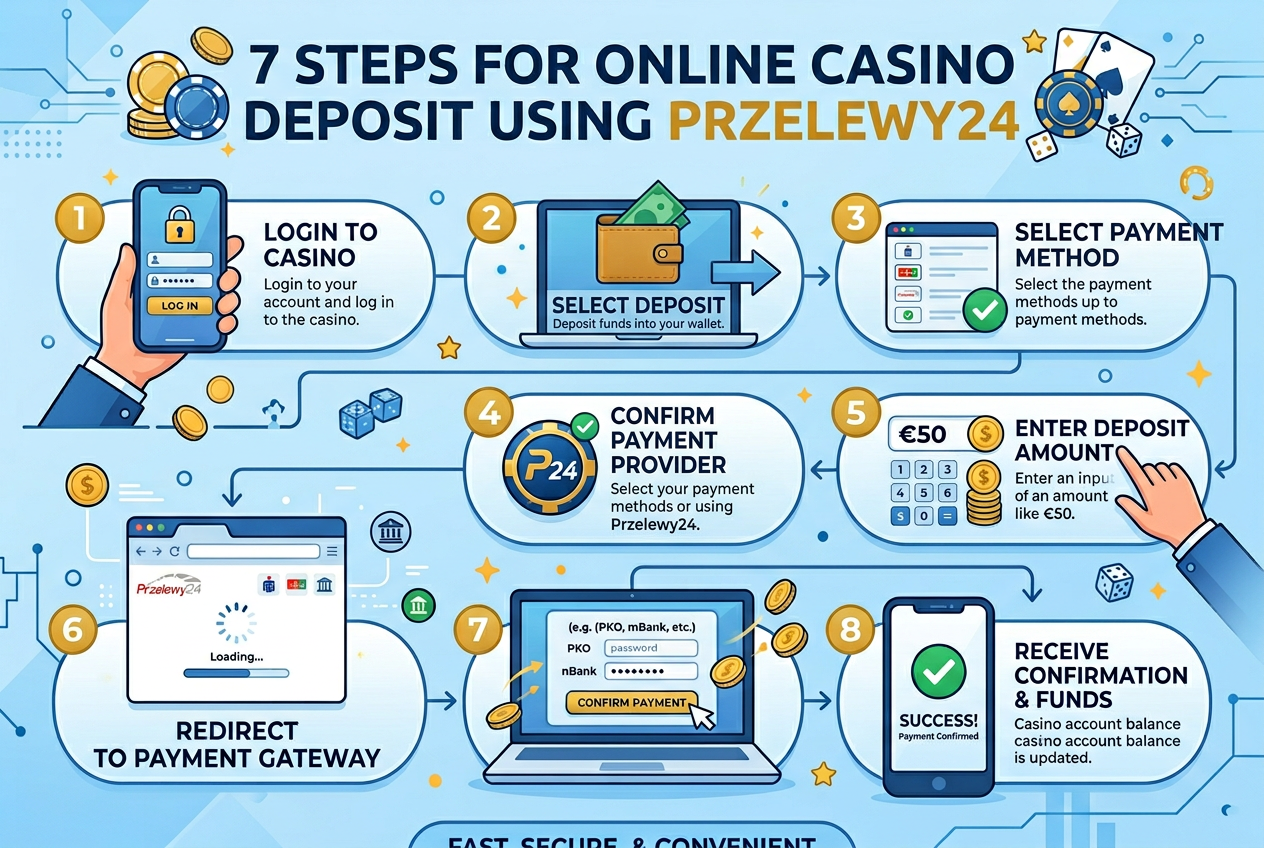 Infografika przedstawiająca kroki depozytu w kasynie online przez Przelewy24