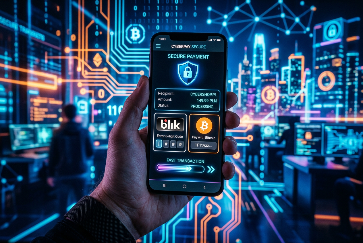 Smartfon z aplikacją płatniczą obsługującą BLIK i Bitcoin