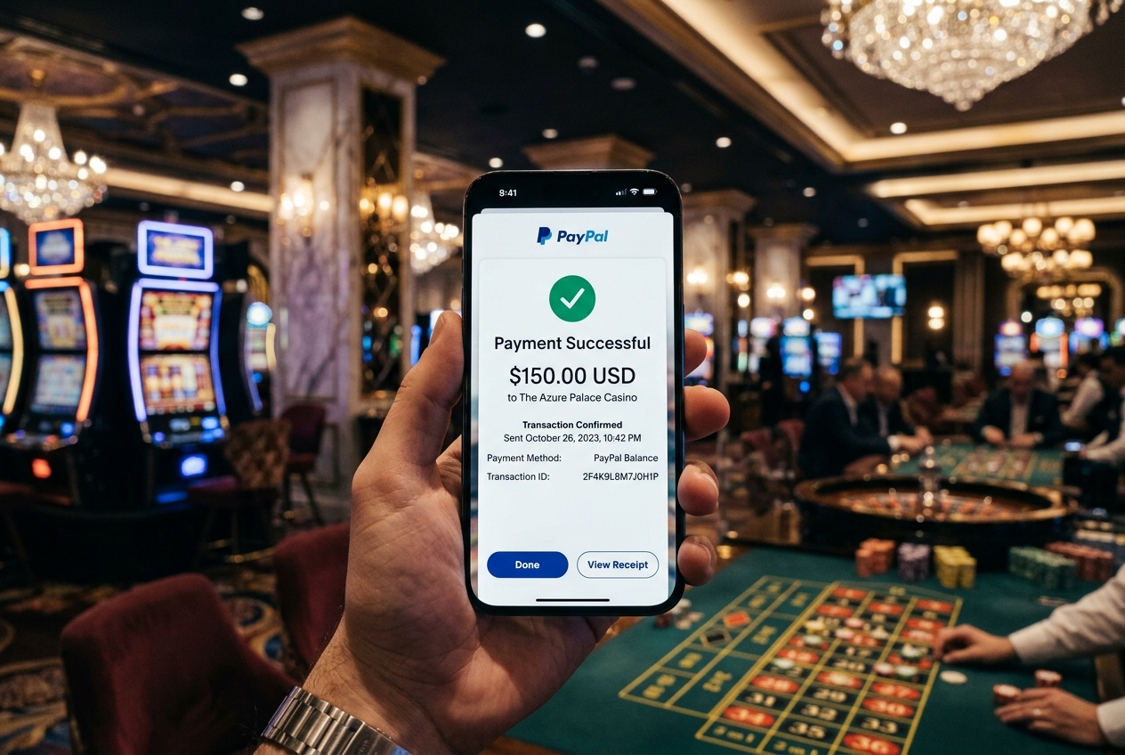 Modern payment processing interface showing secure PayPal casino deposit flow