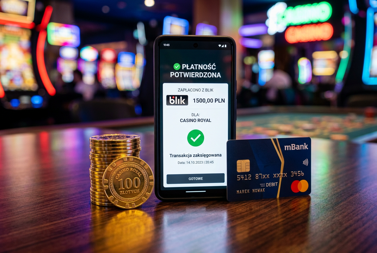 Smartfon z potwierdzeniem płatności BLIK oraz żetony kasynowe