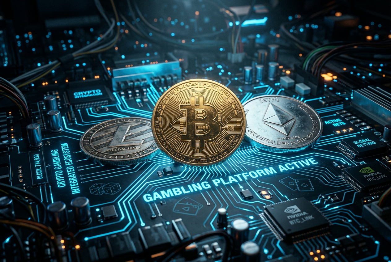 Zbliżenie na złote i srebrne monety kryptowalut Bitcoin, Ethereum i Litecoin na tle cyfrowych wykresów giełdowych.