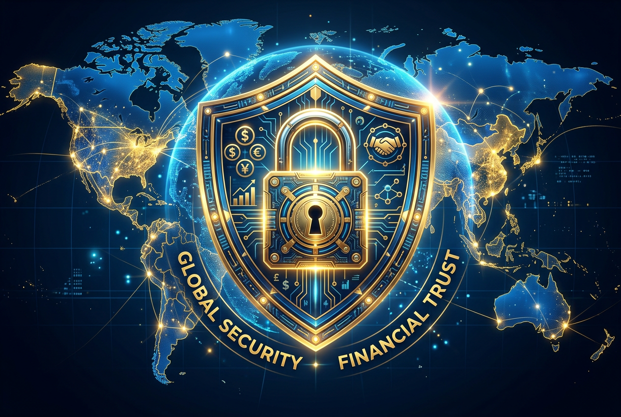 Cyfrowa tarcza i kłódka na tle mapy świata, globalne standardy bezpieczeństwa