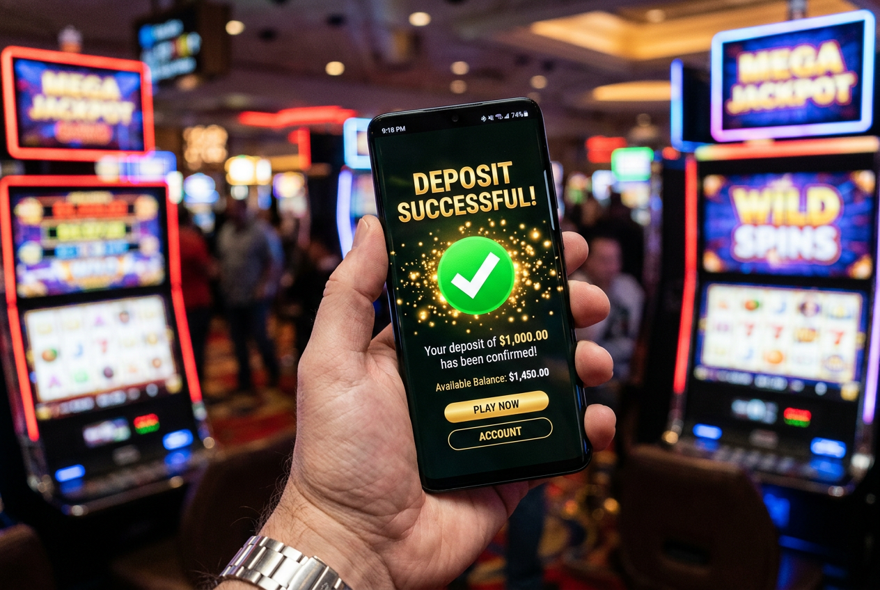 Zbliżenie na smartfon z potwierdzeniem płatności mobilnej w kasynie online